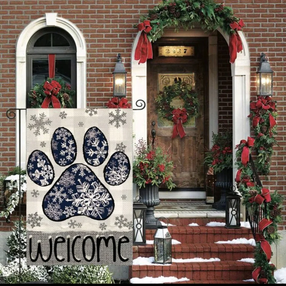 Choose Any 2 For $12 - Blue Snowflake Paw Print Welcome Flag